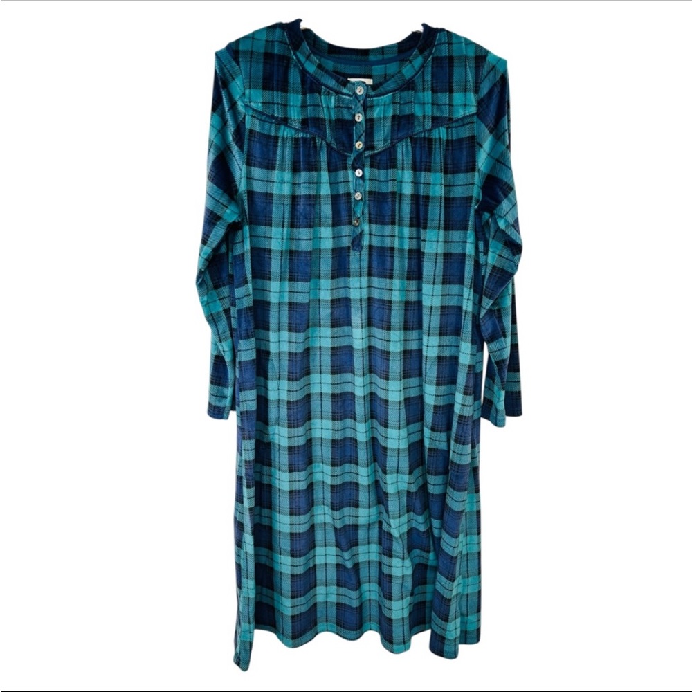 Aria Collection Women’s Green & Purple Knit Long Sleeve Plaid Nightgown Size M
